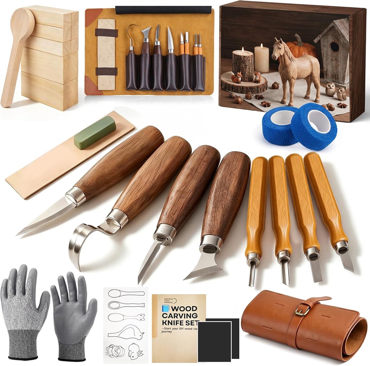 SnelShoppen - 25-delige Houtbewerkingsset voor Beginners, Houtsnijden met Snijknives, Beitels, Linde Hout, Slijpsteen, Handschoenen en Opbergtas, Perf