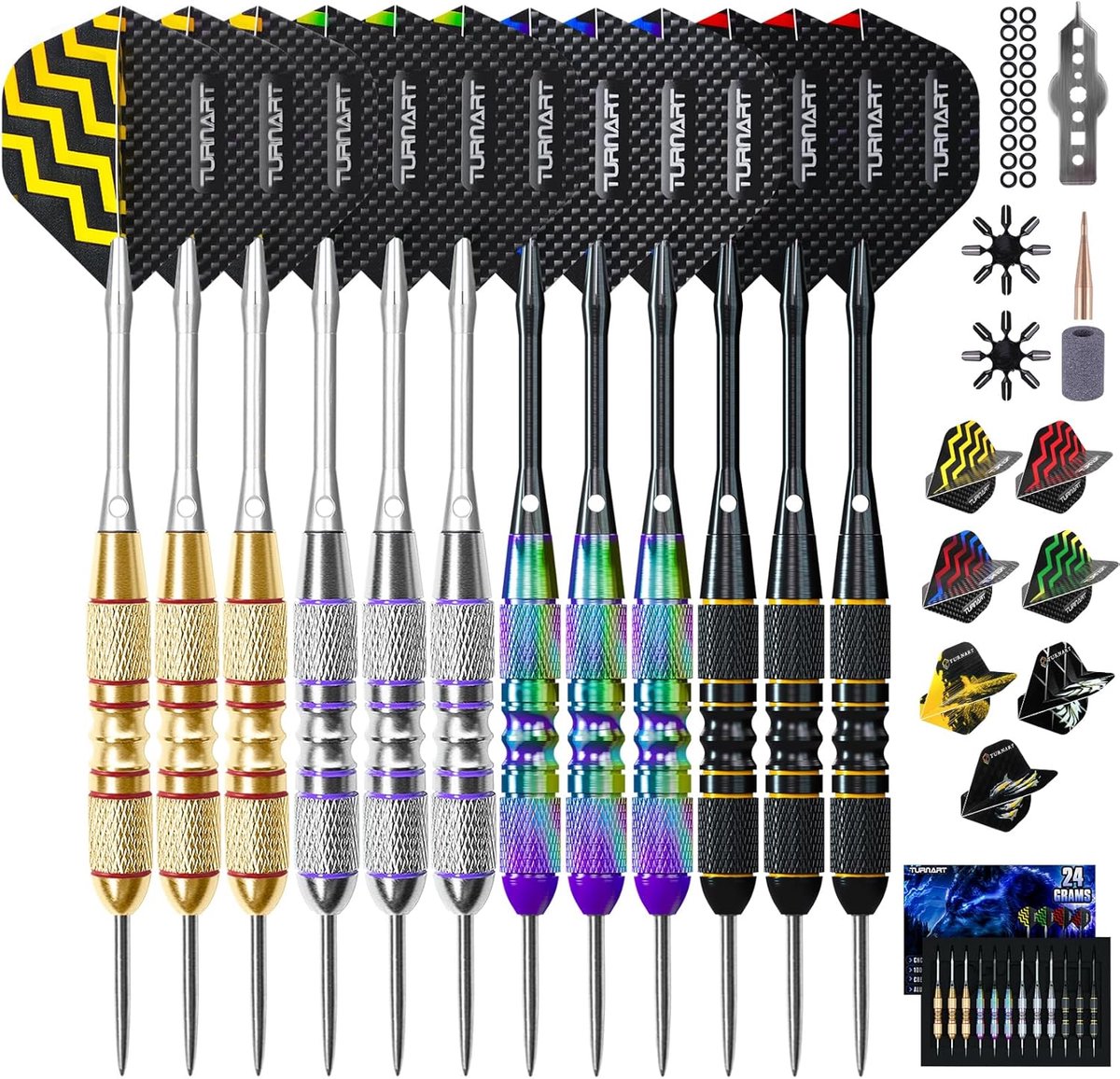 SnelShoppen - Professionele 12-delige Darts Set met Stalen Punt, Aluminium Schachten, 22/24 g, Extra 9 Flights, Ideaal voor Feest, Competitie en Thuis