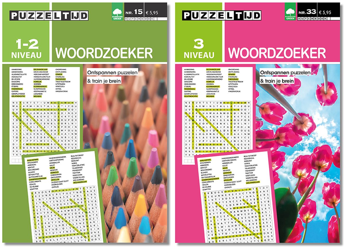 Puzzeltijd Woordzoeker Puzzelboek Pakket – Niveau 1-2 + 3 Sterren – 2x 96 Pagina’s