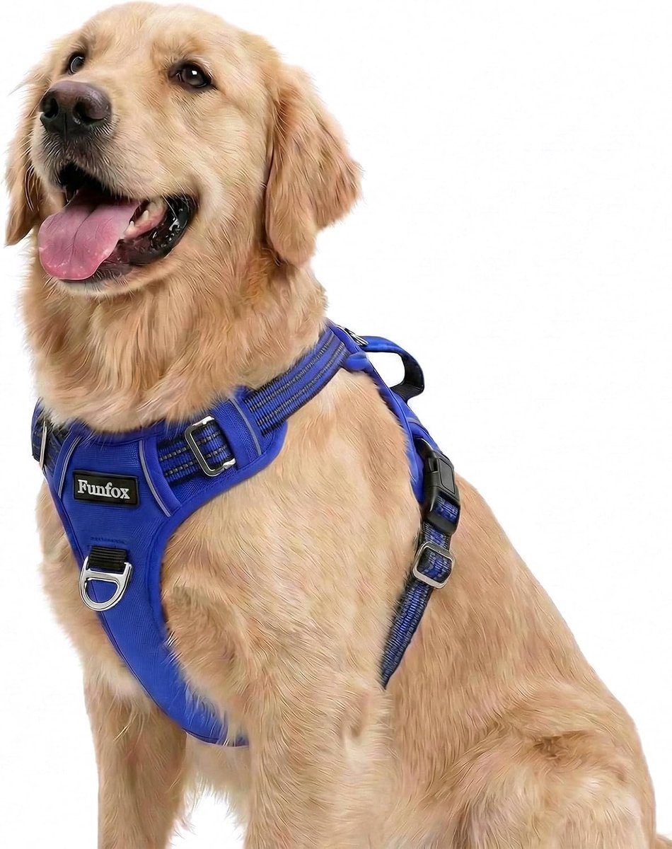 SnelShoppen - Funfox Hondentuigje voor Middelgrote Honden - Instelbaar, Anti-Trekking Borstharnas - Ademend Veiligheidsharnas in Blauw - Maat L voor K