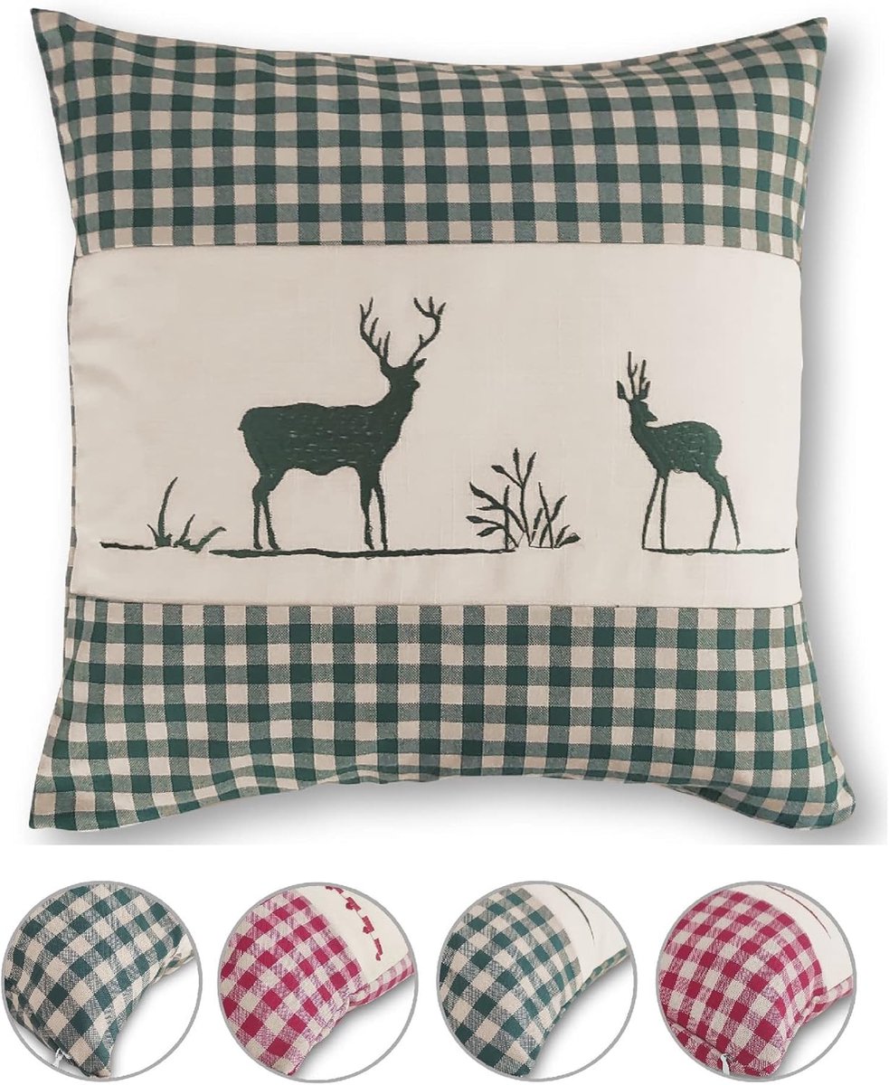 SnelShoppen - Decoratieve Kussenhoes 40x40 cm - Groen Geruit - Oeko-Tex Gecontroleerd - Landhuisstijl met Hertenborduursel - Ideaal voor Kerst en Wint