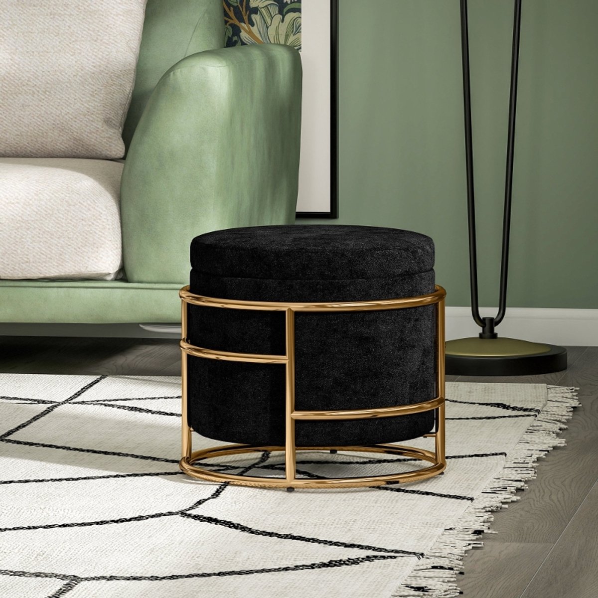 MIVRAY Voetenbankje – Met Opbergruimte – Ø42 x 39 cm – Stof en Metaal – Zwart – Voor Woonkamer of Slaapkamer – Rond