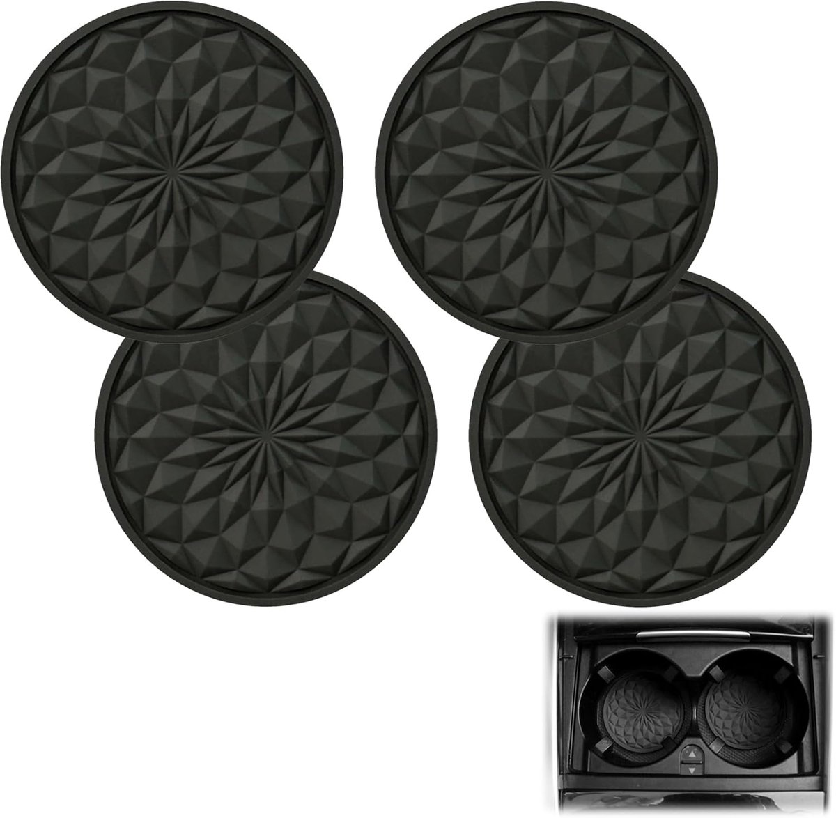 SnelShoppen - Set van 4 Universele 7 cm Silicone Autodrink Coasters, Antislip, Diepe Hem, Duurzaam en Vaatwasserbestendig, Zwart voor Auto, Camping, F