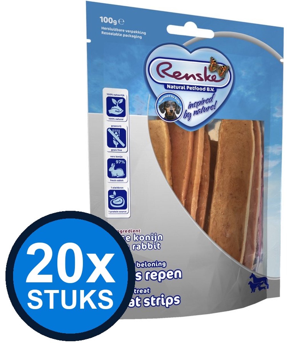 20x Renske - Gezonde beloning vleesrepen hond konijn 100gr - Hondenvoer Snacks - 100 g