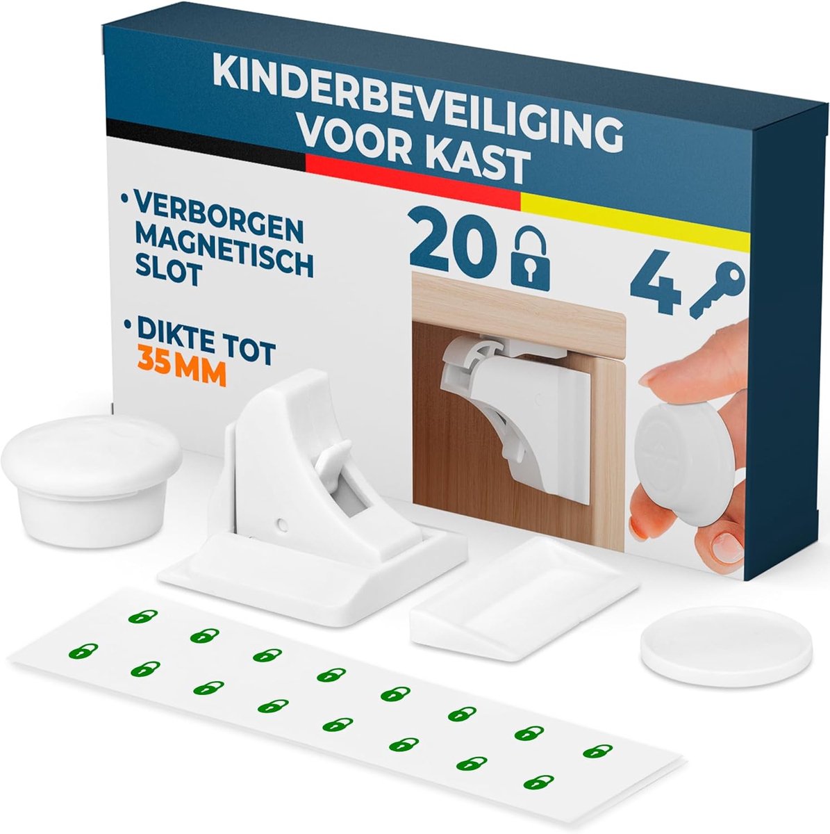 SnelShoppen - Magnetic kinderveiligheidsslot 20 stuks + 4 sleutels, onzichtbaar en zonder boren, kast- en ladebeveiliging, witte kleur, ideaal voor ki