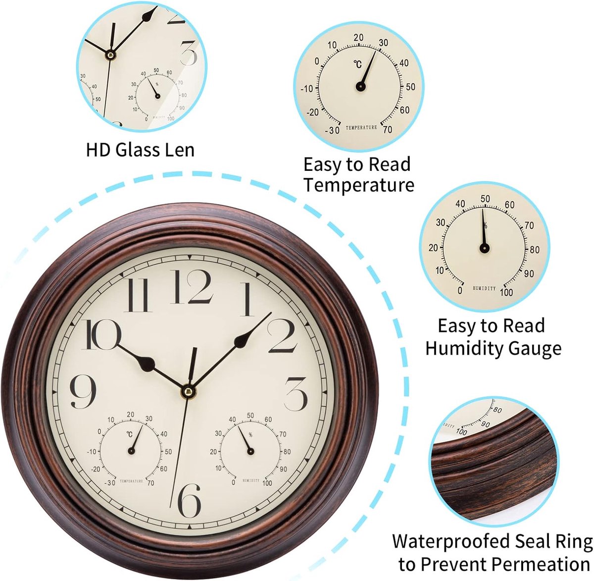 SnelShoppen - Retro Wandklok met Thermometer en Hygrometer - Stille Bronzen Klok van 30 cm voor Keuken, Woonkamer en Slaapkamer - Decoratie voor Huis