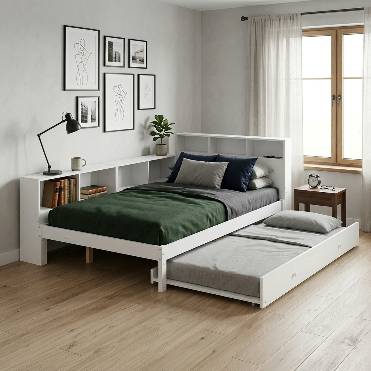 Bed 120x200 cm - Houten Bed Met Uitschuifbed 90x190 cm En Opbergplank - Met Oplaadstation Zonder Matras - Voor Kinderkamer En Logeerkamer - Wit