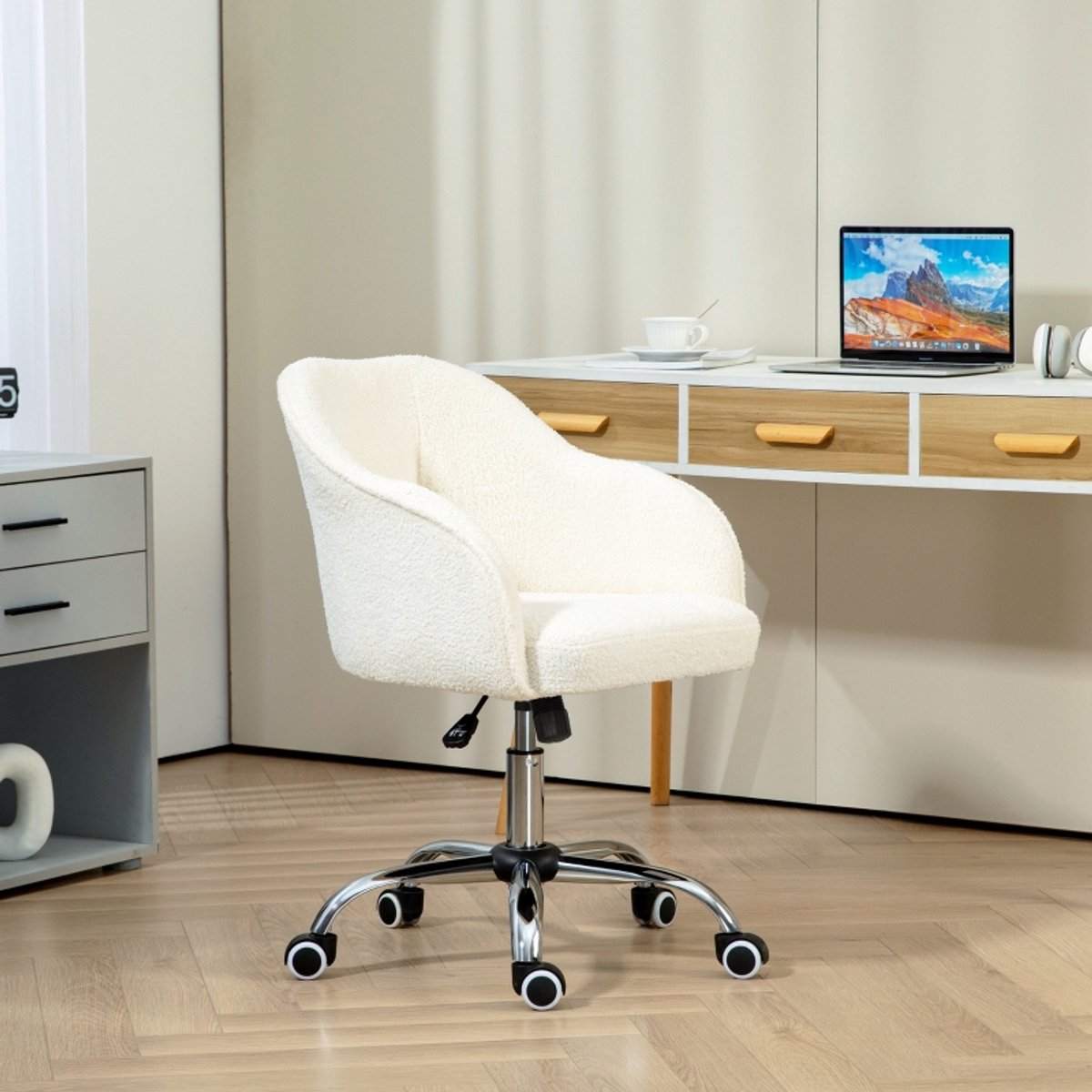 DESMIU Bureaustoel 56 x 61 x 76-86 cm - Hoogteverstelbaar Met Wippfunctie En 360 Graden Draaibaar - Voor Thuiswerk En Kaptafel - Teddy Stof - Crème Wit