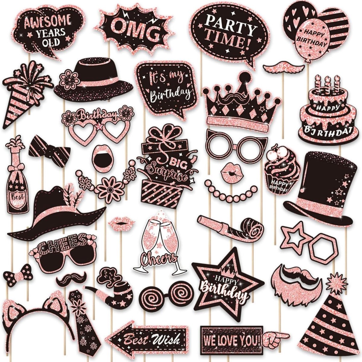 Foto props set voor verjaardag 38 stuks - feestdecoratie - roze - leuke selfies maken - ShopVlot