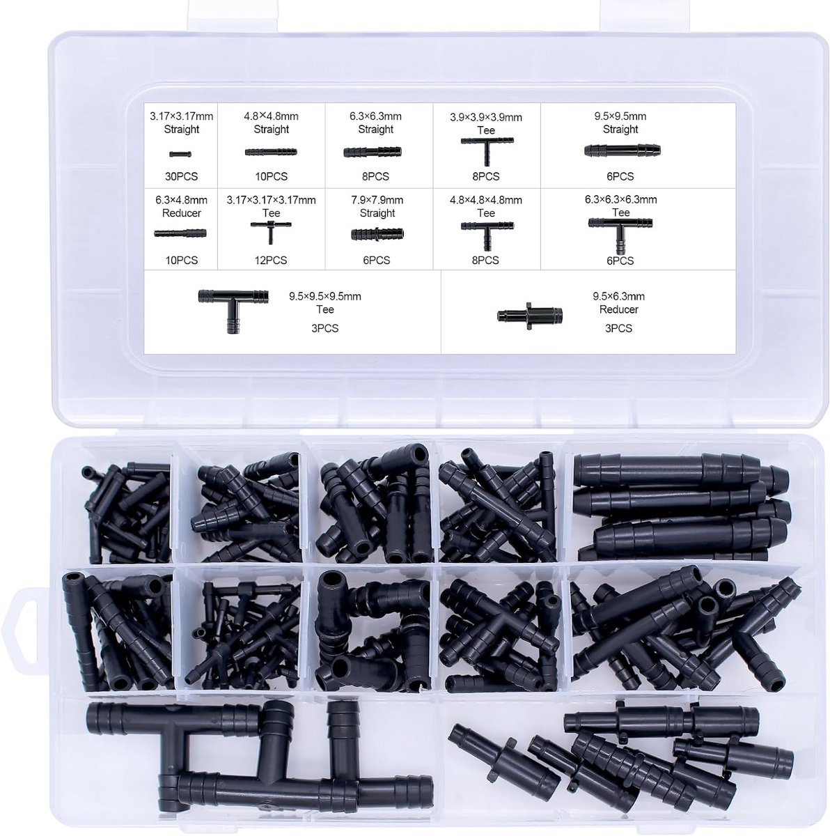 SnelShoppen - T Connector Slang Connector Set, 113 Stuks, 12 Maten T Slang Connector, Irrigatie Verbinding Kit voor Slangen, Druppel Slang, Zwart