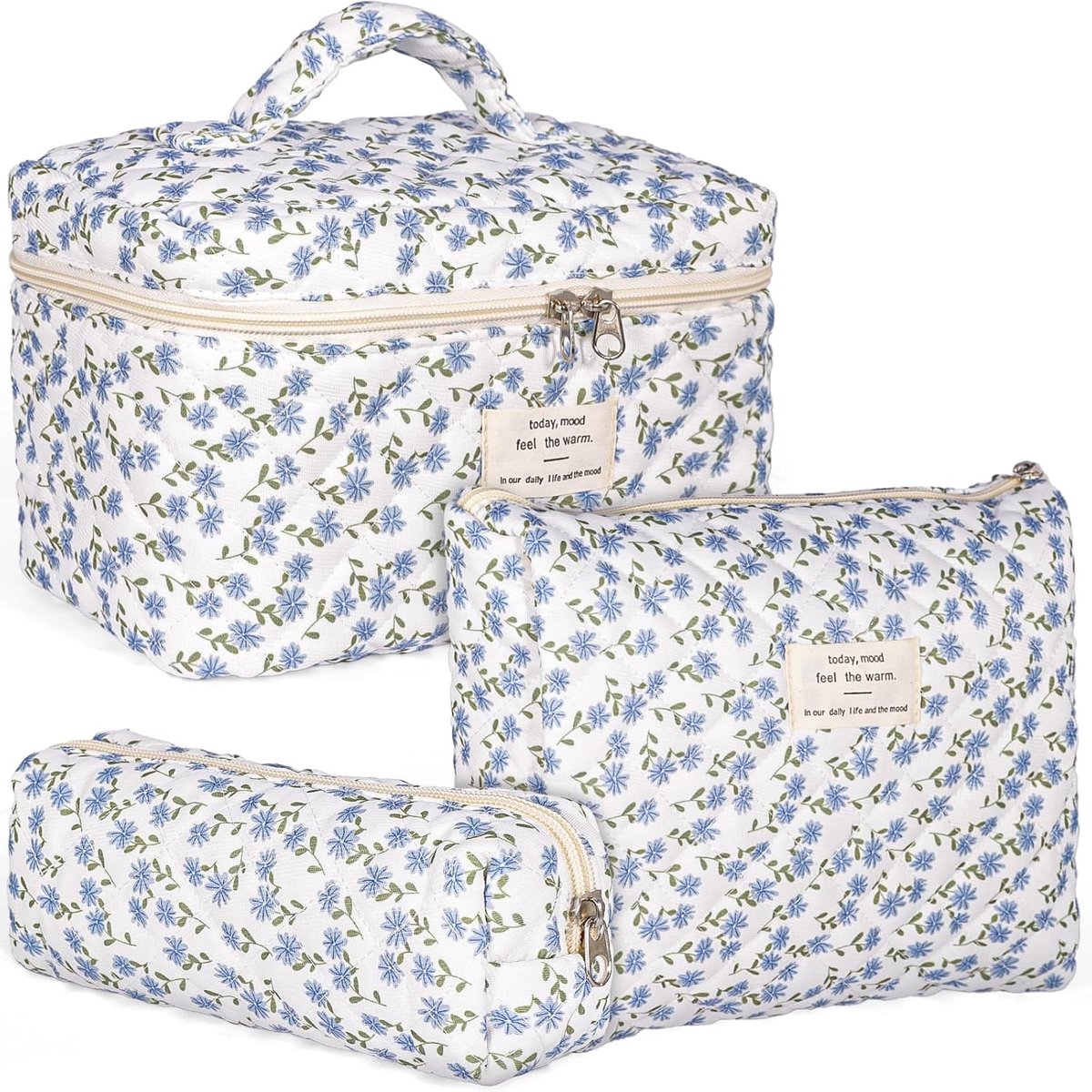 SnelShoppen - 3-delige Meisjes Makeup Tas Set, Bloemenpatroon, Katoenen Toilettas Set, Draagbare Makeup Tas voor Kinderen en Vrouwen, Ideaal voor Reiz