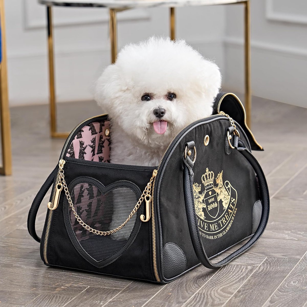 SnelShoppen - Luxe Zwarte Dierenreiszak voor Kleine Honden en Katten - Stijlvolle Draagtas tot 4.5kg met Gouden Accenten - Perfect voor Reizen, Uitsta
