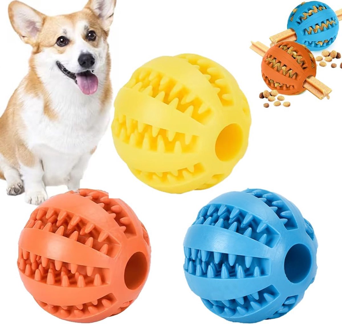 SnelShoppen – PUCIO Pack van 3 Hondenballen met Tandheelkundige Functie, Noppen Honden Speelgoed van Natuurrubber, Onvernietigbare Bal, Diameter 6 cm,