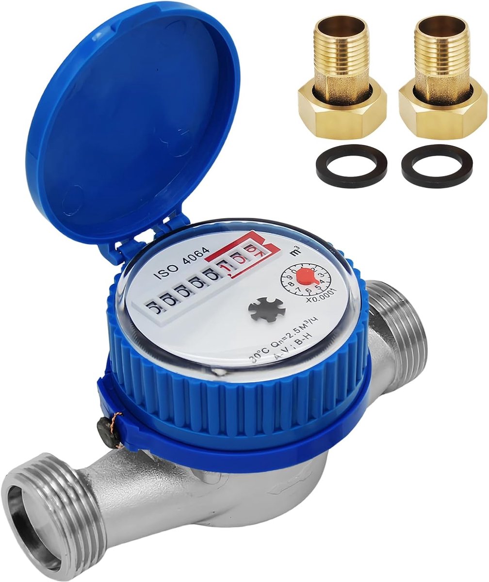 SnelShoppen - Vegena Garden Water Meter 1/2 inch, Koud Water Klok, Watermeter Set met Beschermhoes voor Tuin, Tuinieren, Hoogwaardige Messing, Lange L