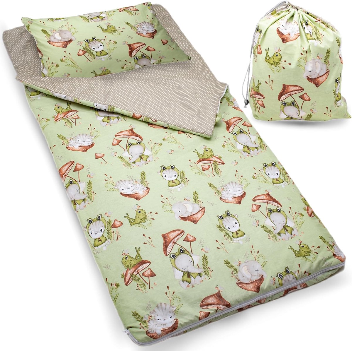 SnelShoppen - Kinder Slaapzak 140 x 75 cm + Kussenhoes 60 x 40 cm, Oeko-Tex, Indoor Gebruik, Geschikt voor Kindergarten, Anti-Allergisch, Zachte Katoe