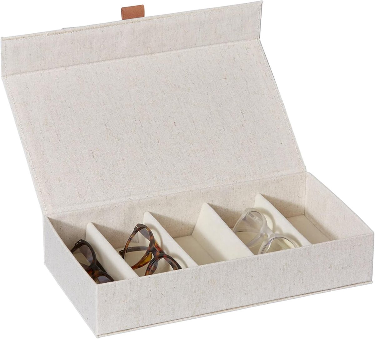 SnelShoppen - Premium Bril Box voor 5 Brillen en Zonnebrillen, Beige, Katoen Linnen, Velours Inleg, 30x17x6 cm, Stijlvolle Opbergoplossing voor Thuis