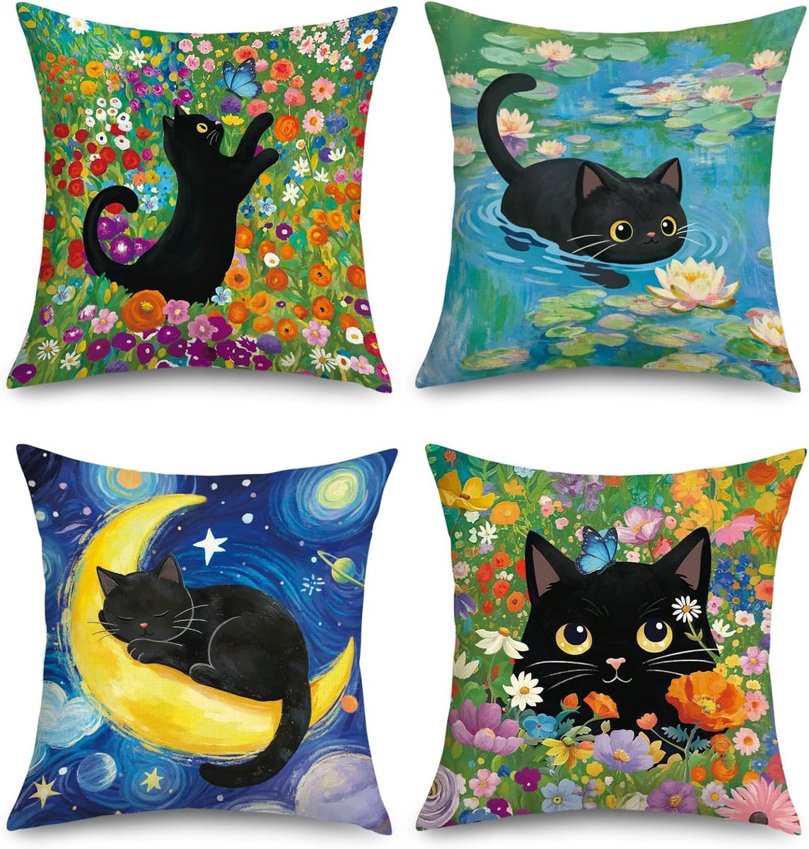 SnelShoppen - Set van 4 Kussenhoezen 45x45 cm met Zwarte Kat en Kleurrijke Bloemen, Polyester Linnen, Perfect voor Sofa en Slaapkamer, Decoratieve Kus