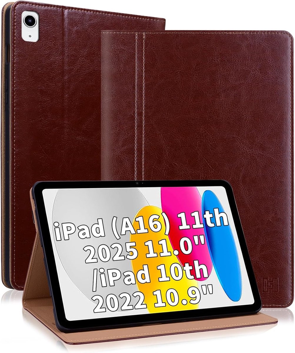 SnelShoppen - Folio Beschermhoes voor iPad 11 Inch (2025) & iPad 10 Inch (2022) - Bruine PU Leren Flip Case met Stand voor Tablet - Ideaal voor Thuis