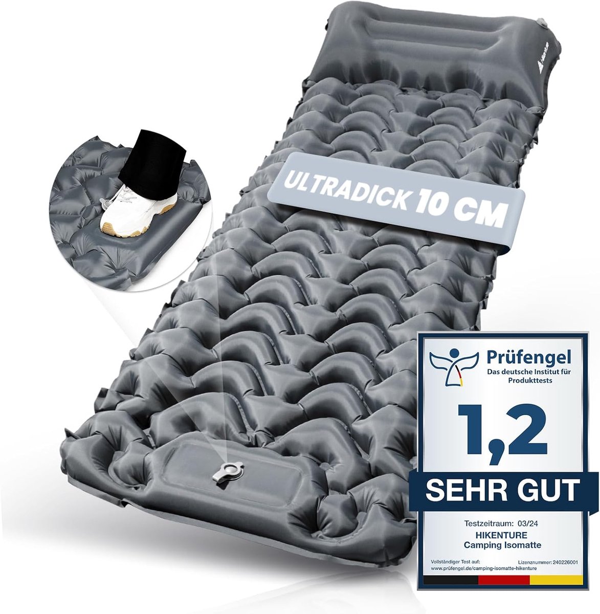 SnelShoppen - Zelfopblazend Slaapmat 10 cm Hoog - Camping Luchtmatras met Voetpomp - Compact en Lichtgewicht Grijs - Ideaal voor Kamperen, Outdoor, Hi
