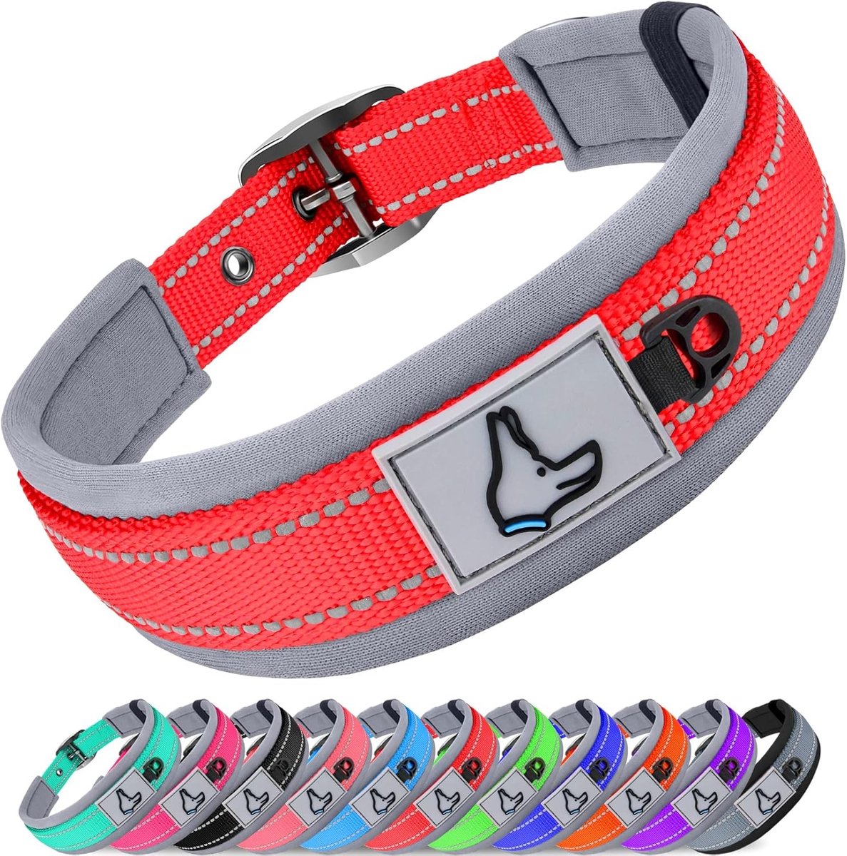 SnelShoppen - Hondenhalsband voor Middelgrote Honden, Neopreen Gevoerd en Verstelbaar, Reflecterend en Stevig met Duurzame Metalen Beugel, Rood M
