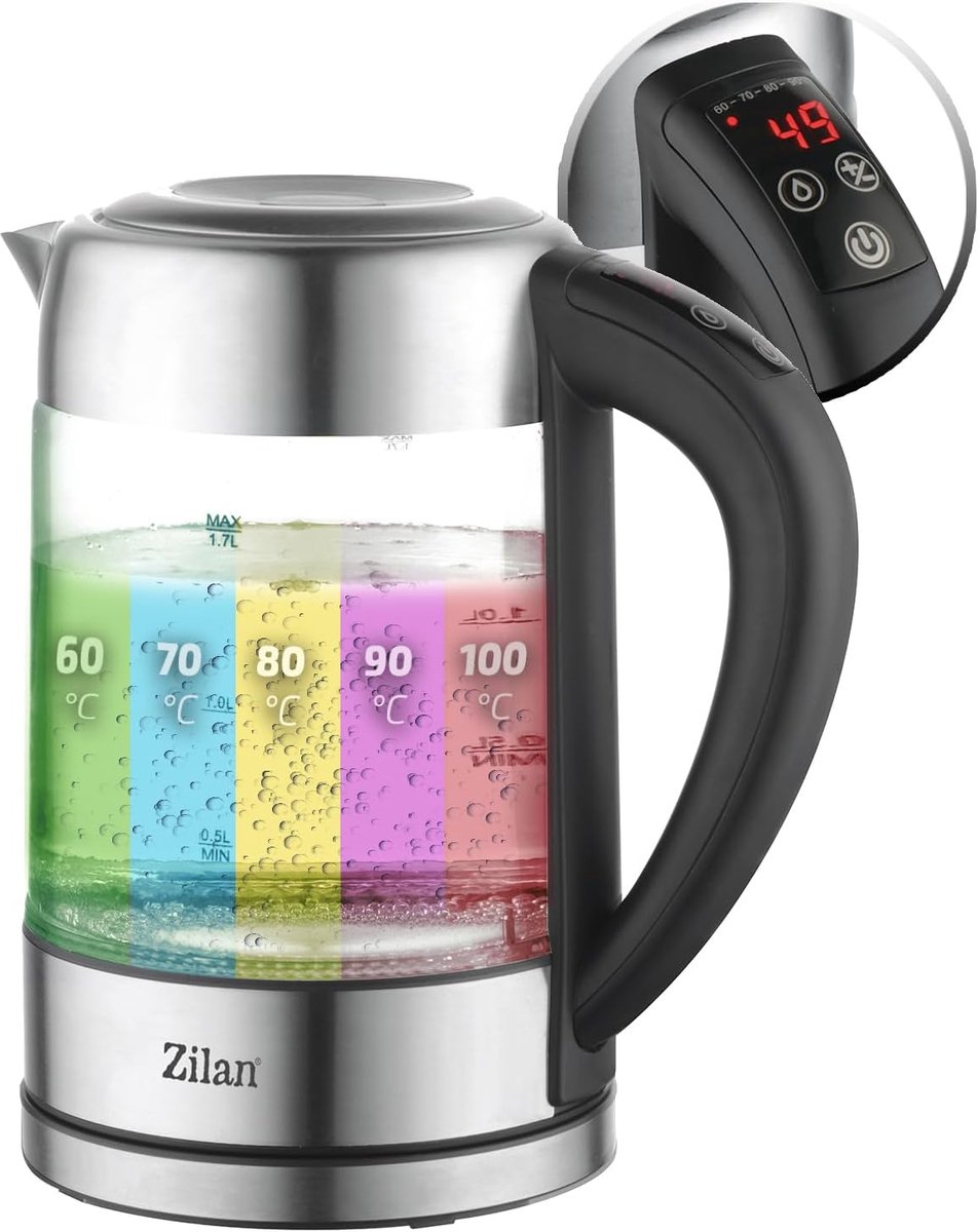 SnelShoppen - LED Glazen Waterkoker 1.7L met Digitale Display, 5 Instellingen, Draadloze Kettle van Borosilicaat Glas, 2200W voor Keuken, Camping, Fee