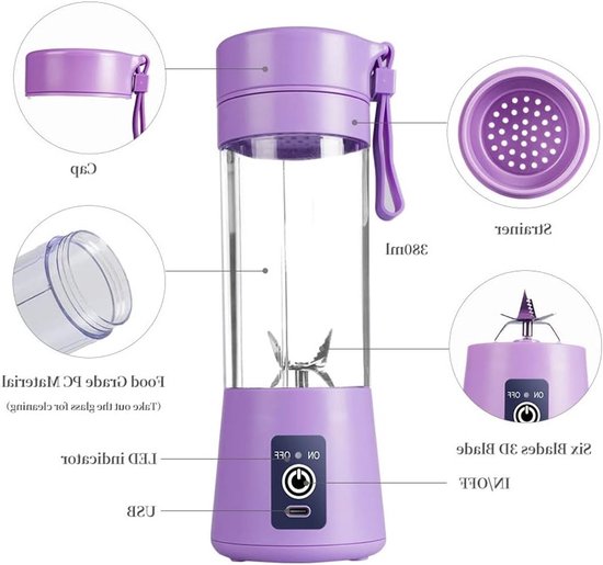 Draagbare Blender - USB Juicer Mixer - Smoothies Maken - Zes Roestvrijstalen Messen - 380 ml - Paars — afbeelding 2