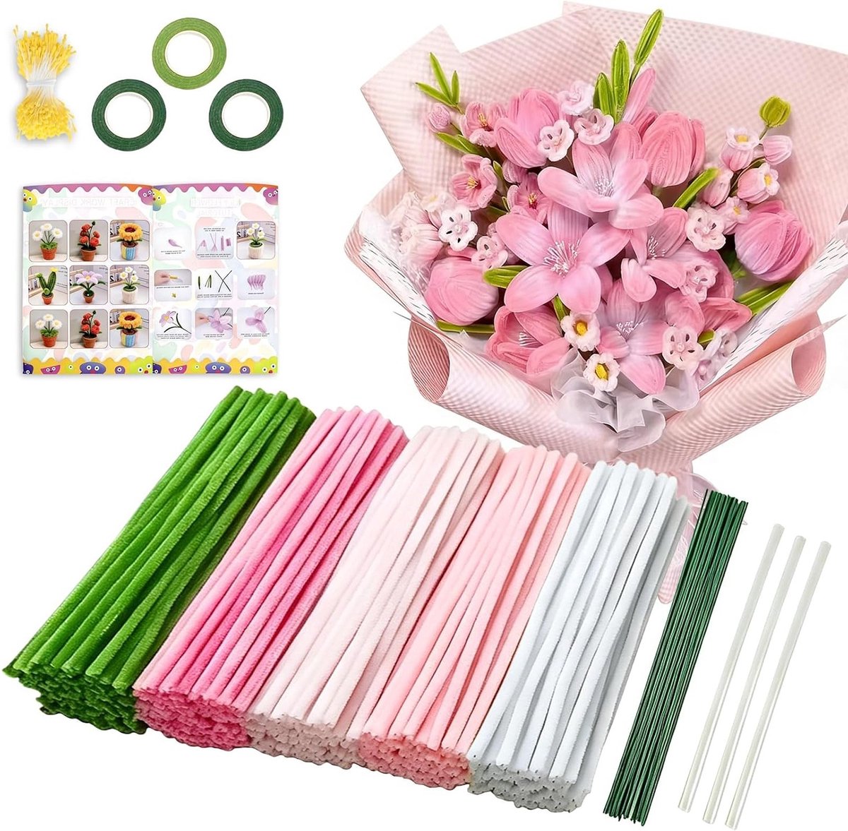 Pijpenragers Bloemenset met 637 Stuks, Gekleurde Knutselset voor Bloemen, Inclusief Bloemendraad en Lijmstiften voor Creatieve DIY Projecten