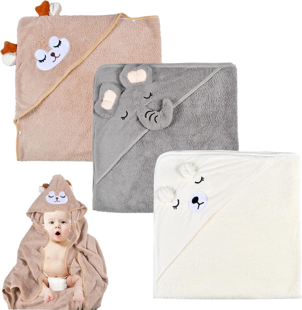 SnelShoppen - 3 Baby en Kinder Kapdoeken, Zacht en Super Absorberend, Coral Fleece, 80 x 80 cm, Ideaal voor Bad en Zwemmen