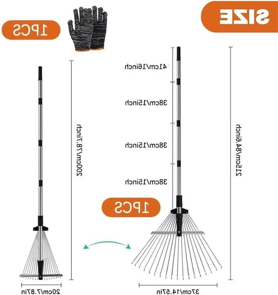 Rake Adjustable with Handle 215 cm Fan Broom Metal Rake Metal Rake with Gloves Garden Rake Fans Lawn Rake for Cleaning Plants Lawn and Yard — afbeelding 5