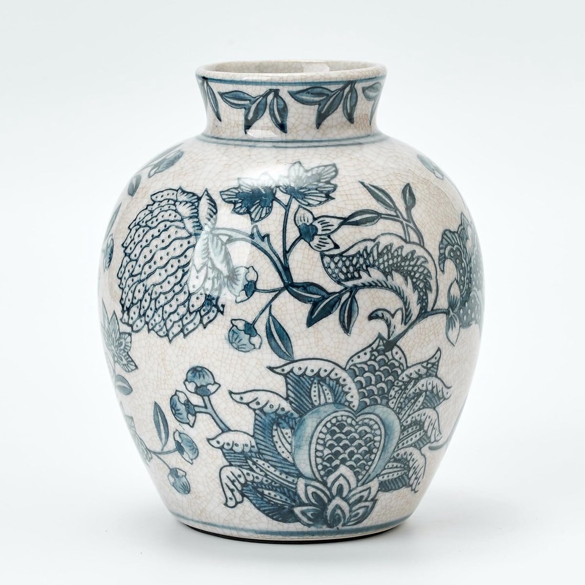 SnelShoppen - Vintage Blauwe en Witte Vaasje | 16 cm Keramisch Chinoiserie Bloemenvaas | Retro IJsgebroken Porselein voor Tafel, Woonkamer, Badkamer,