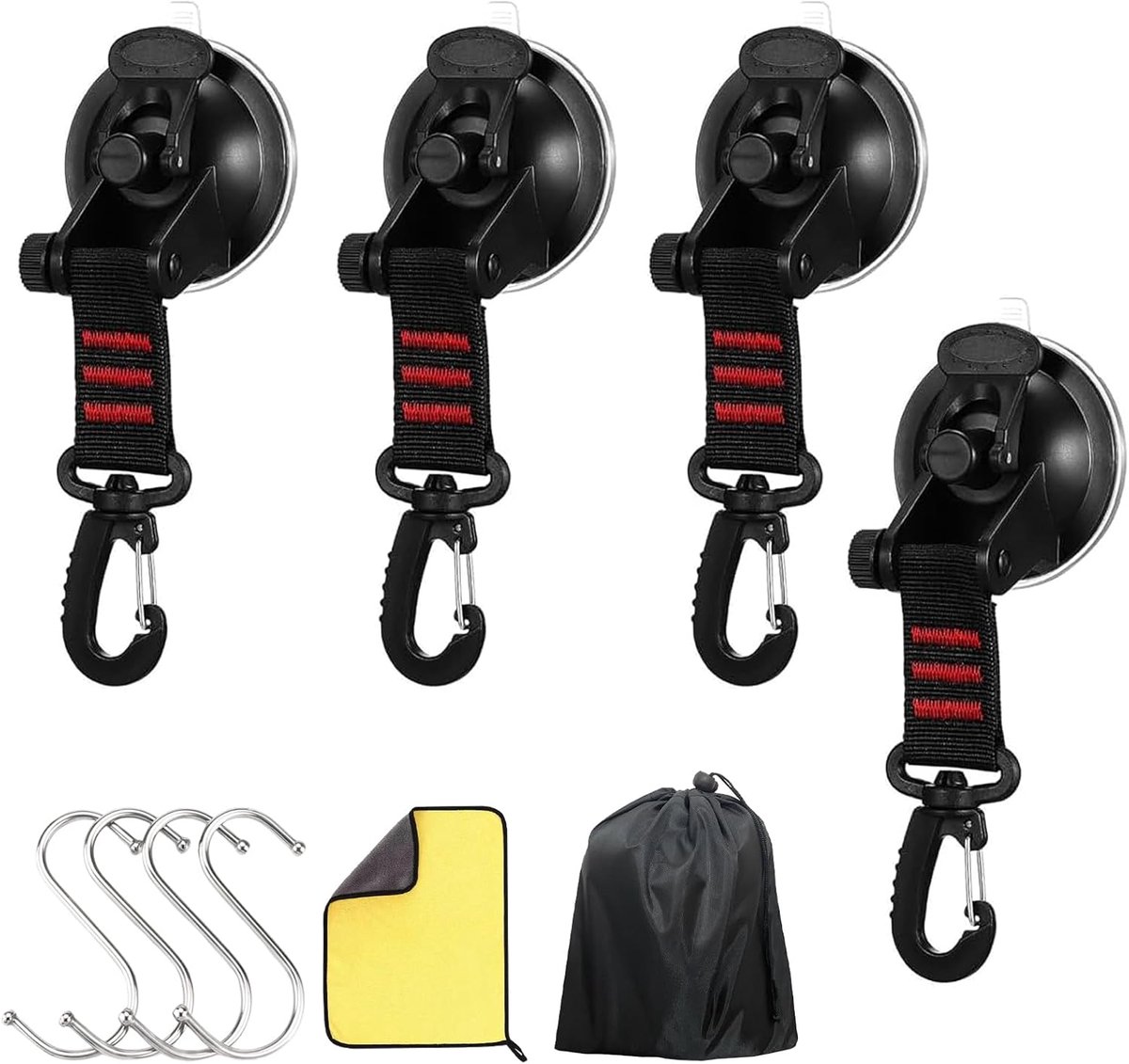 SnelShoppen - 4 Pack Suction Cup Haak met 360° D-Ringen en S Haak voor Camping, Auto, Van, Tuin, Huis - Sterke en Duurzame Suction Cups tot 10 kg