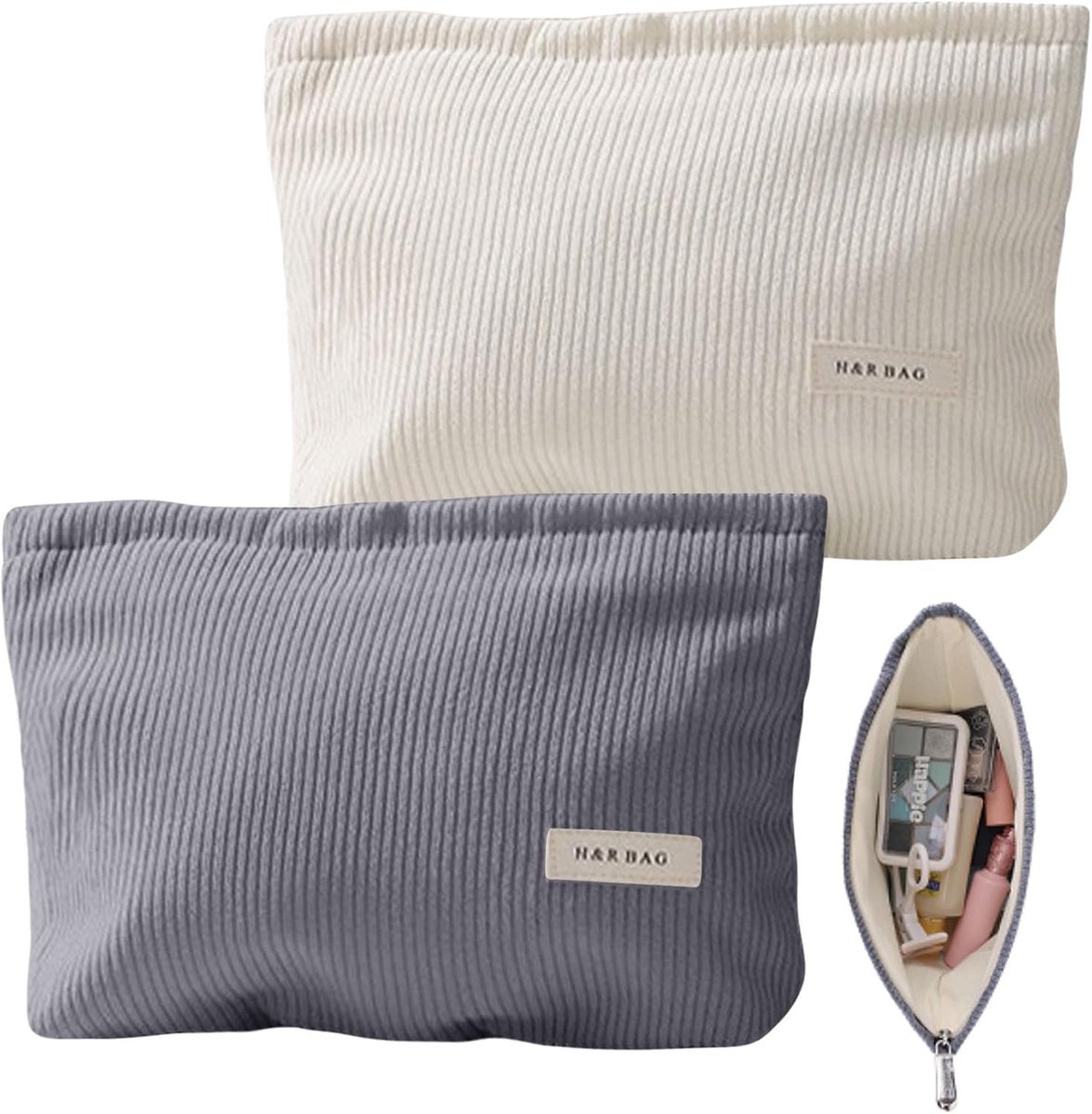 SnelShoppen - 2 Stuks Draagbare Corduroy Make-up Tasjes voor Vrouwen, Cosmeticazakken voor Thuis en Op Reis, Kleine Make-up Tassen met Stevige Ritsen,