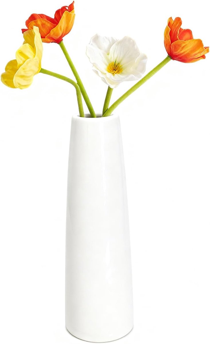 SnelShoppen - 16cm Witte Smalle Conische Keramische Vaasje, Tapered Vaas voor Tafel, Bruiloft, Slaapkamer, Woonkamer, Kantoor - Kleine Vazen voor 1-2