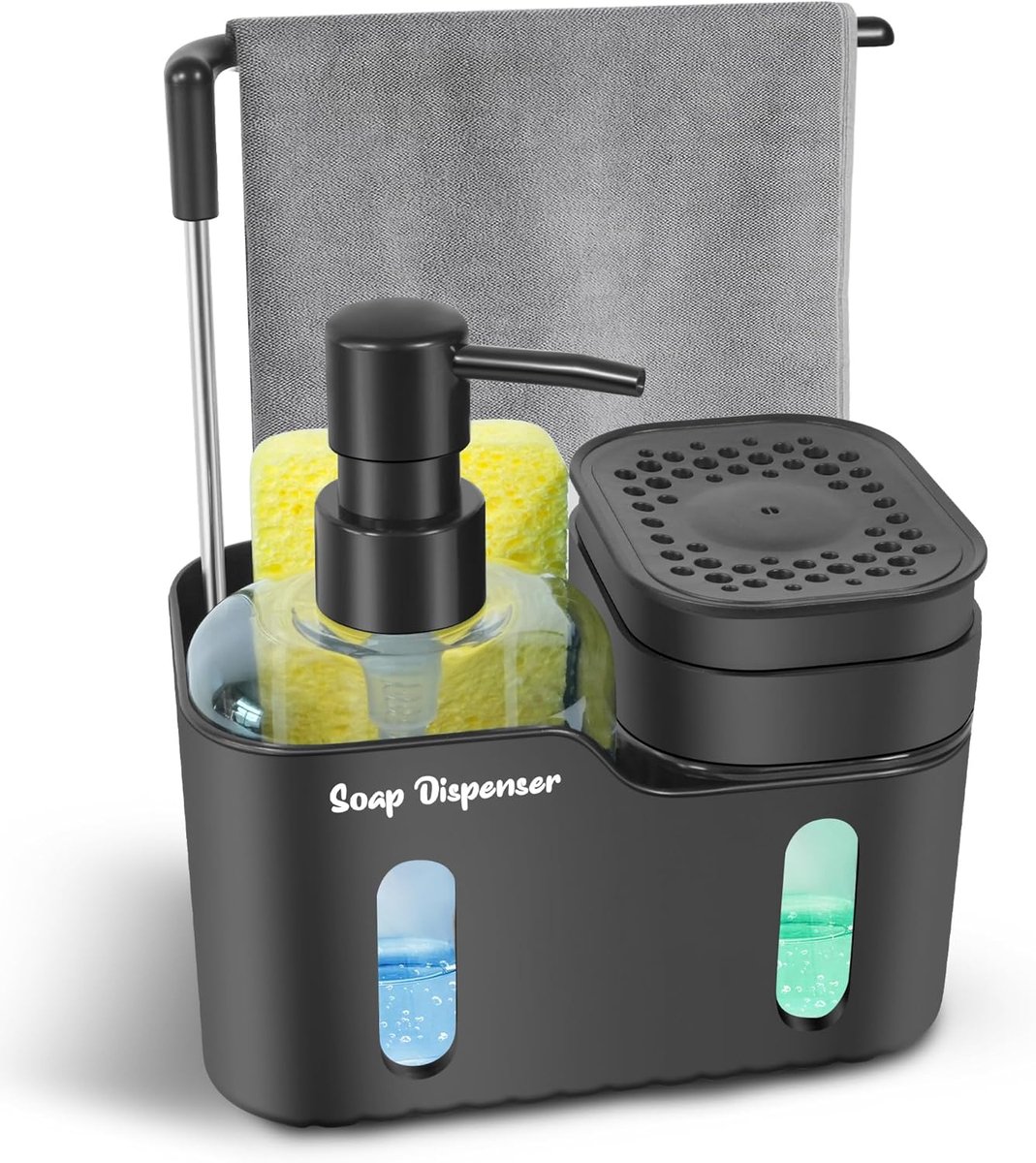 SnelShoppen - Double Sink Zeepdispenser Set - 4-in-1 Hand- en Afwaszeepdispenser met Sponshouder, Borsteldisplay en Keukenhanddoekhanger - Verwijderba
