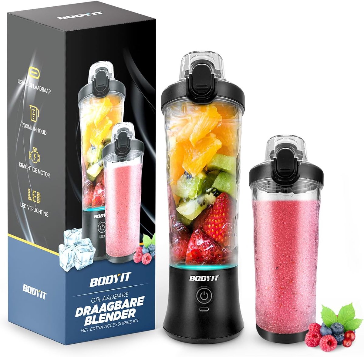 Thijox - Draagbare Blender 700ml - USB-C Oplaadbare Blender met 6 Mesjes - Draadloze Smoothie Maker voor Thuis, Camping, Sport & Reizen - Zwart