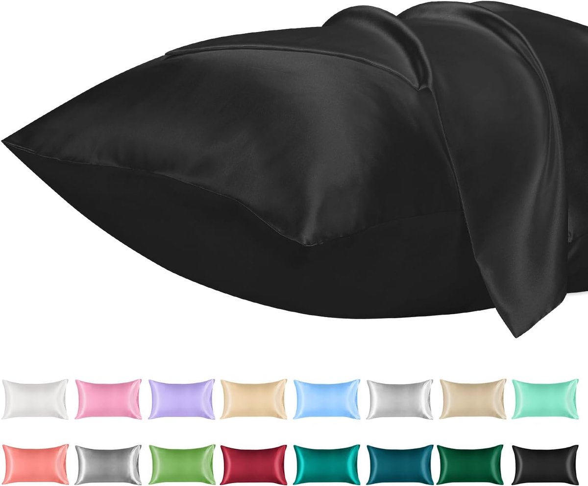 Thijox - 2 Pack Satijnen Kussenslopen Standaard Formaat Zacht Effen Kleur Microfiber Kreukvrij Vervagingsbestendig Ademend Zwart voor Luxe Slaapcomfor