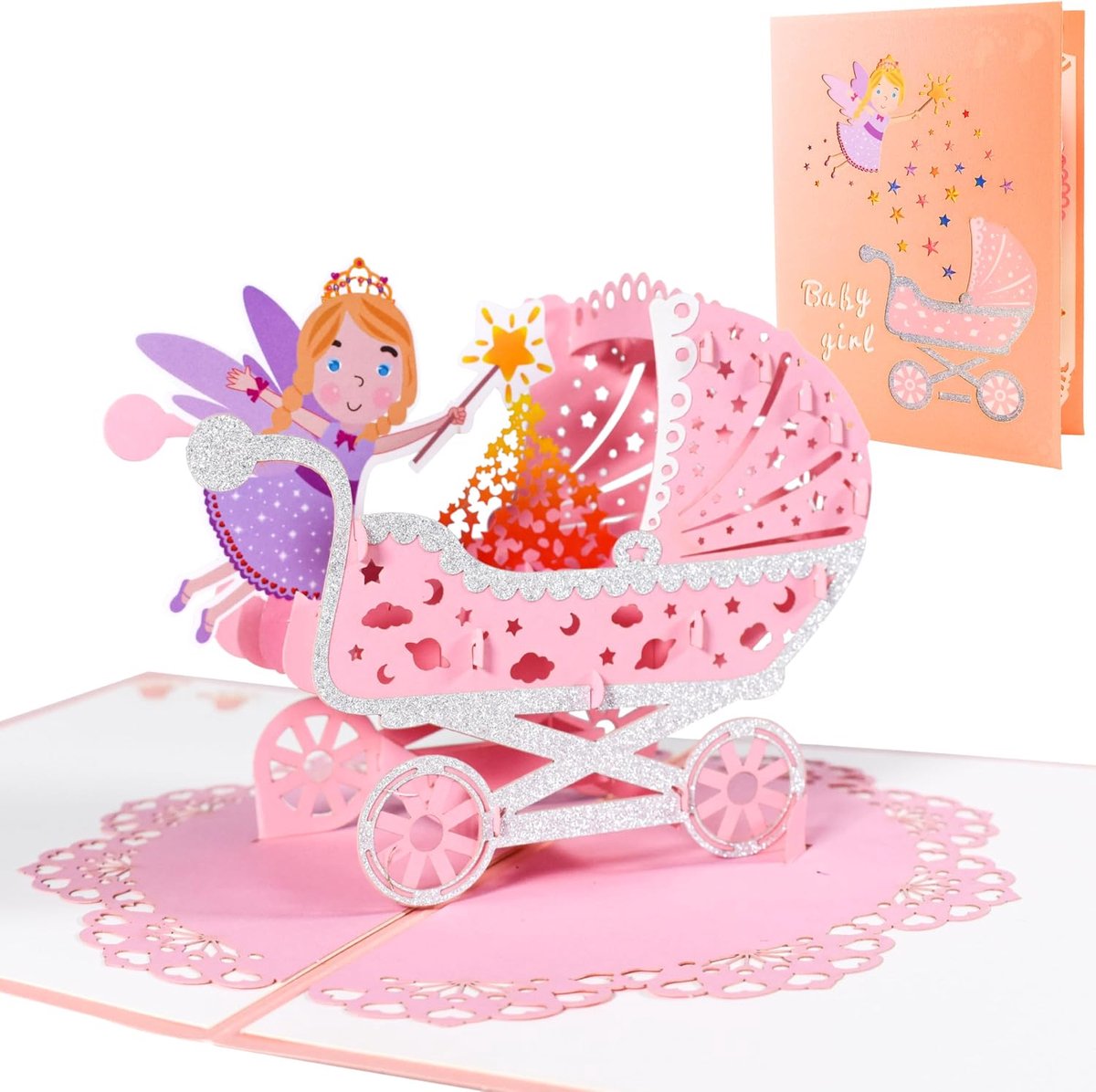 SnelShoppen - Pop-up 3D wenskaart baby geboorte/doop | Kinderwagen met fee | Roze kleur | Inclusief envelop | Perfect voor jongens en meisjes