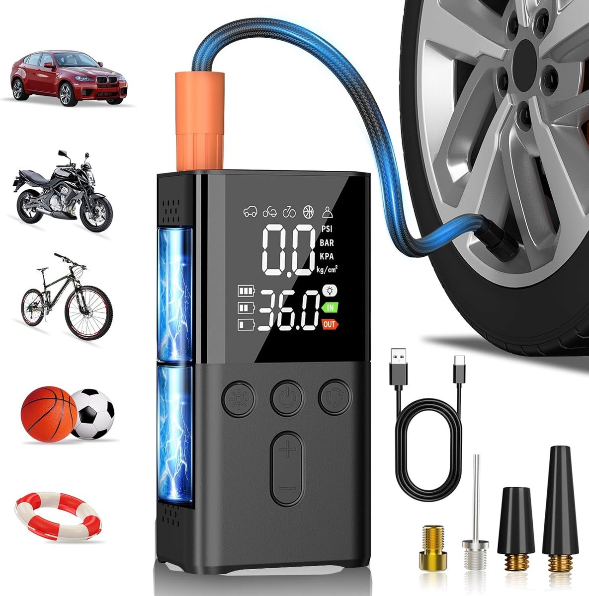 SnelShoppen - Draagbare Luchtcompressor 150PSI met Druksensor, 6000mAh Bandenpomp voor Auto, Motor, Fiets en Ballen met LED-zaklamp en 4 Mondstukken