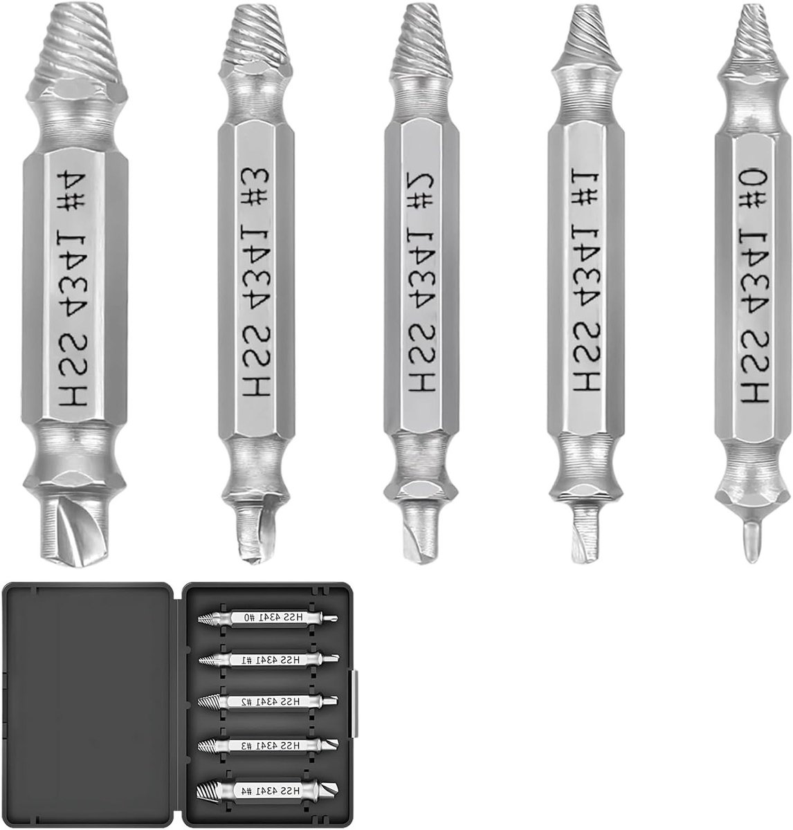 Uitdraaierset voor schroeven, 5 stuks, linkse uitdraaiers voor afgebroken en vastzittende schroeven, HSS 4341 extractorset met dubbele kop, ideaal voor klussen en reparaties
