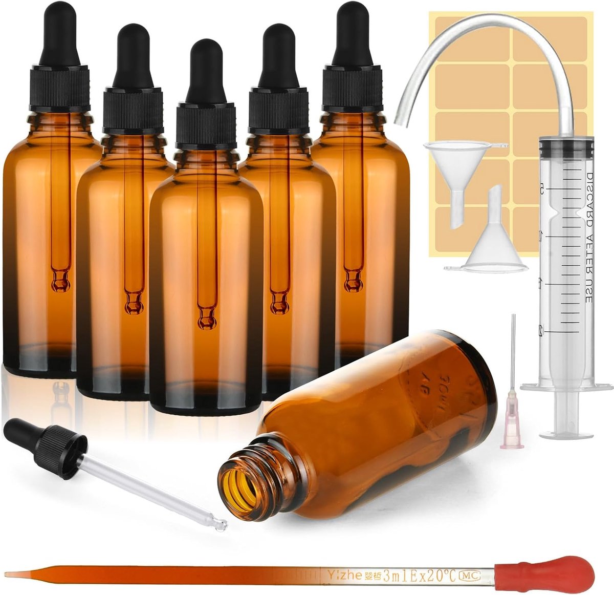SnelShoppen - 6 Stuks 50ml Amber Glazen Flesjes met Pipet en Trechter - Herbruikbare Bruine Flessen voor Essentiële Oliën, Aromatherapie, Make-up en L