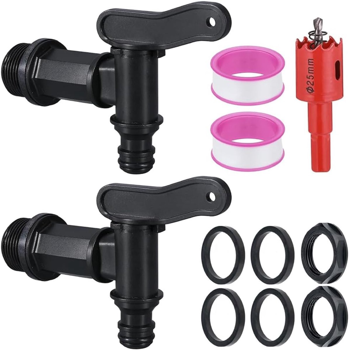 SnelShoppen - Aftapkraan Regenton 3/4 Inch Kunststof Zwart - Duurzame Afvoerkraan voor Tuin, Regenvat, Watertank - Inclusief Accessoires en Plakband