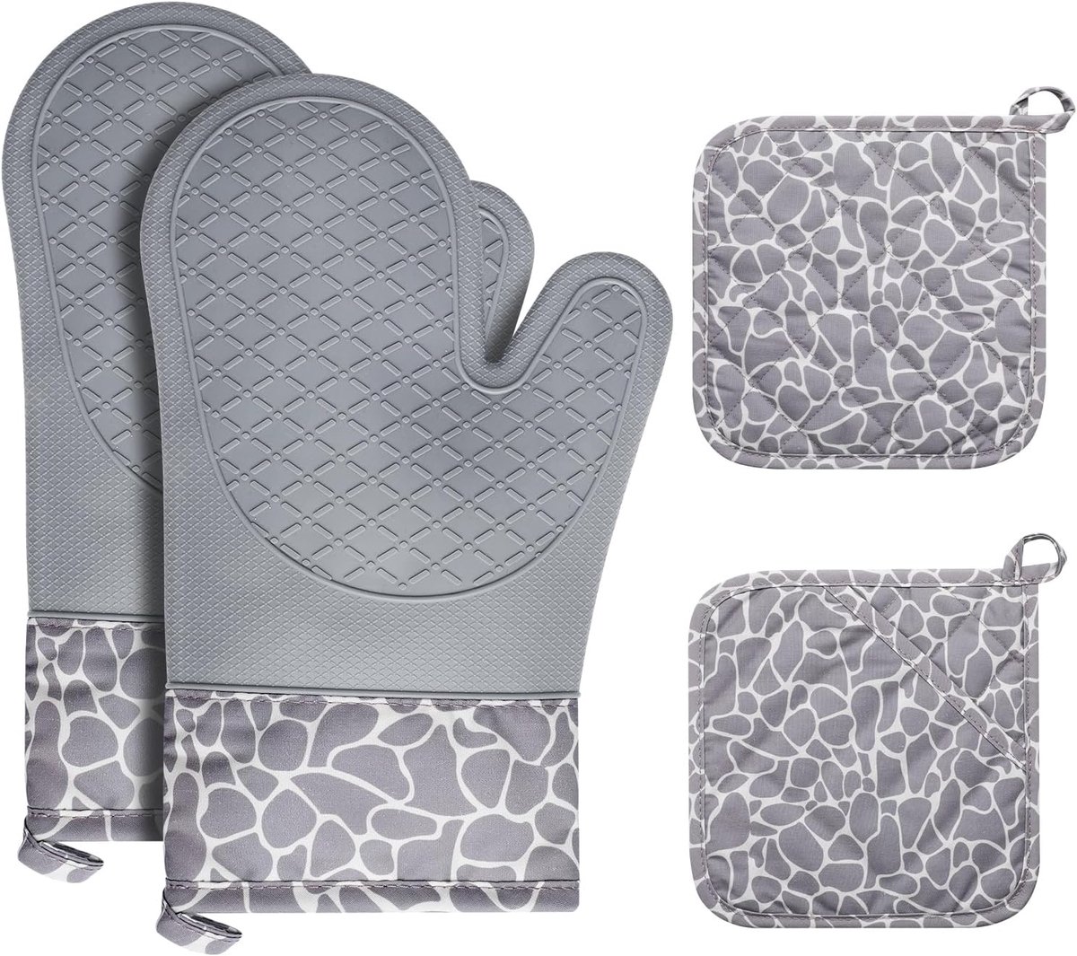 SnelShoppen - Ovenwanten Set met Pot Houders, Hittebestendige Silicone Oven Mitts en Non-Slip Potholders, Grijs, 1 Paar, Voor Koken, Bakken, Grillen