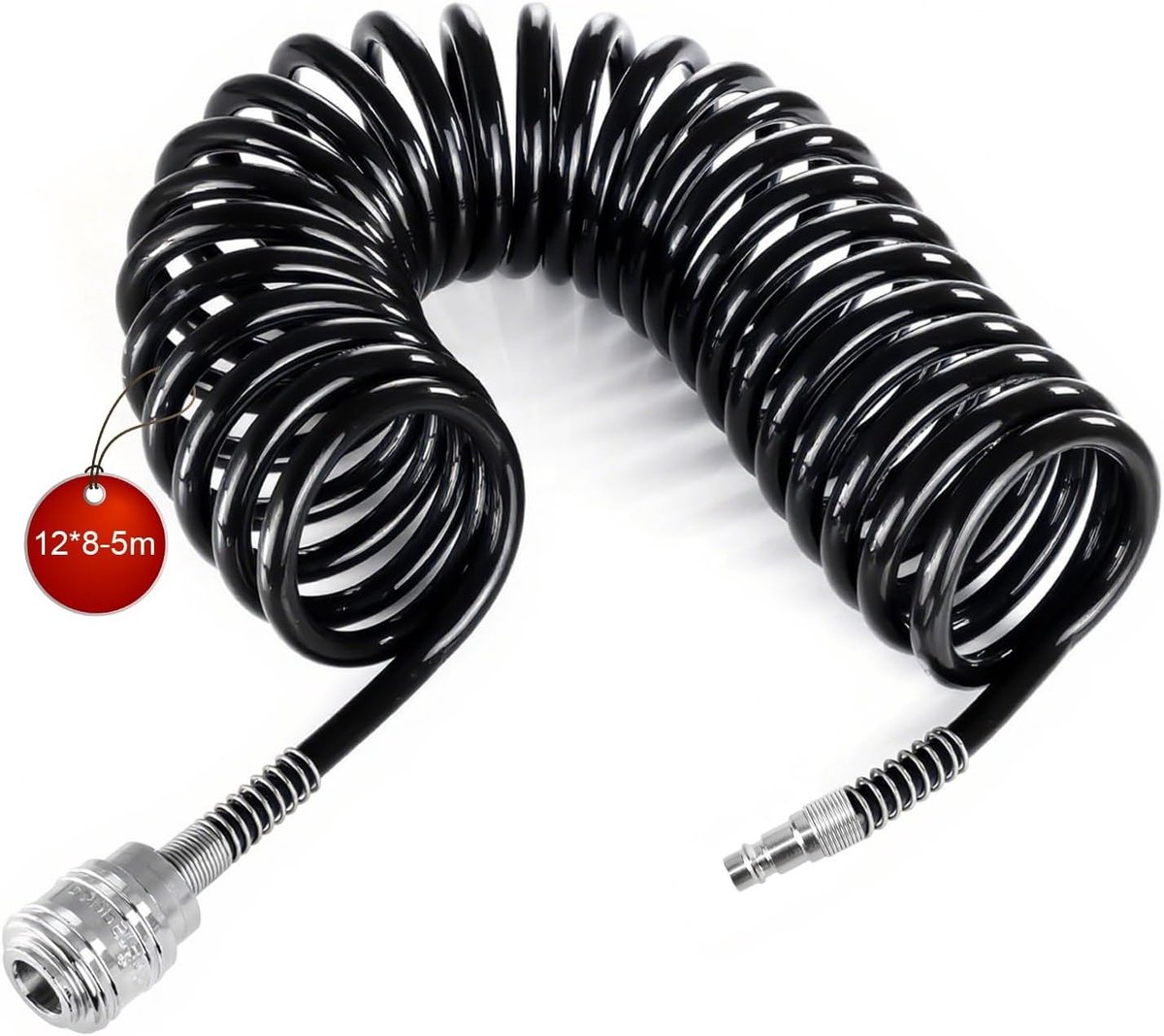 SnelShoppen - 5 m Gecomprimeerde Luchtspiralen Slang - Spirale Compressor Slang 12 x 8 mm - Zwarte Persluchtslang met Aansluiting voor Huishoudens, We