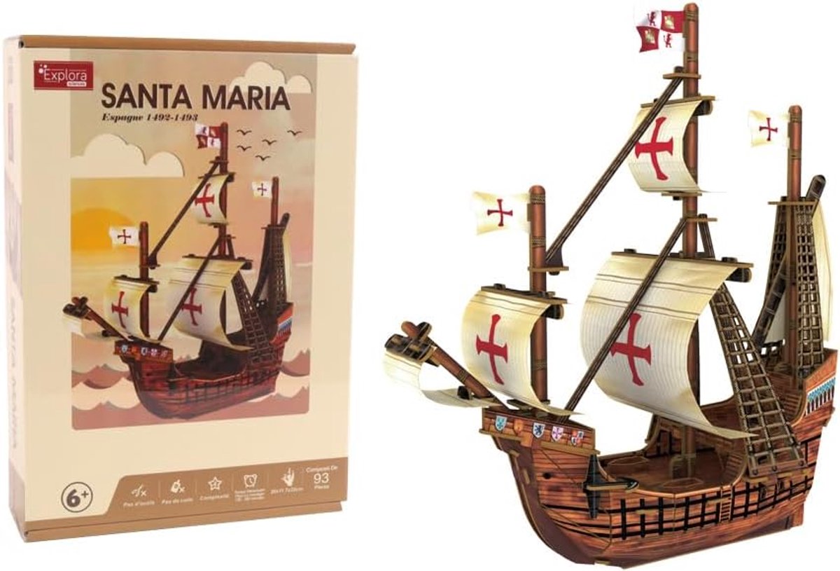 SnelShoppen - 3D Puzzel Boot Santa Maria - 93 Stukken - Niveau 4 - Educatief Bouwspel voor Kinderen vanaf 6 Jaar - Zonder Lijm of Scharen - Modelbouw