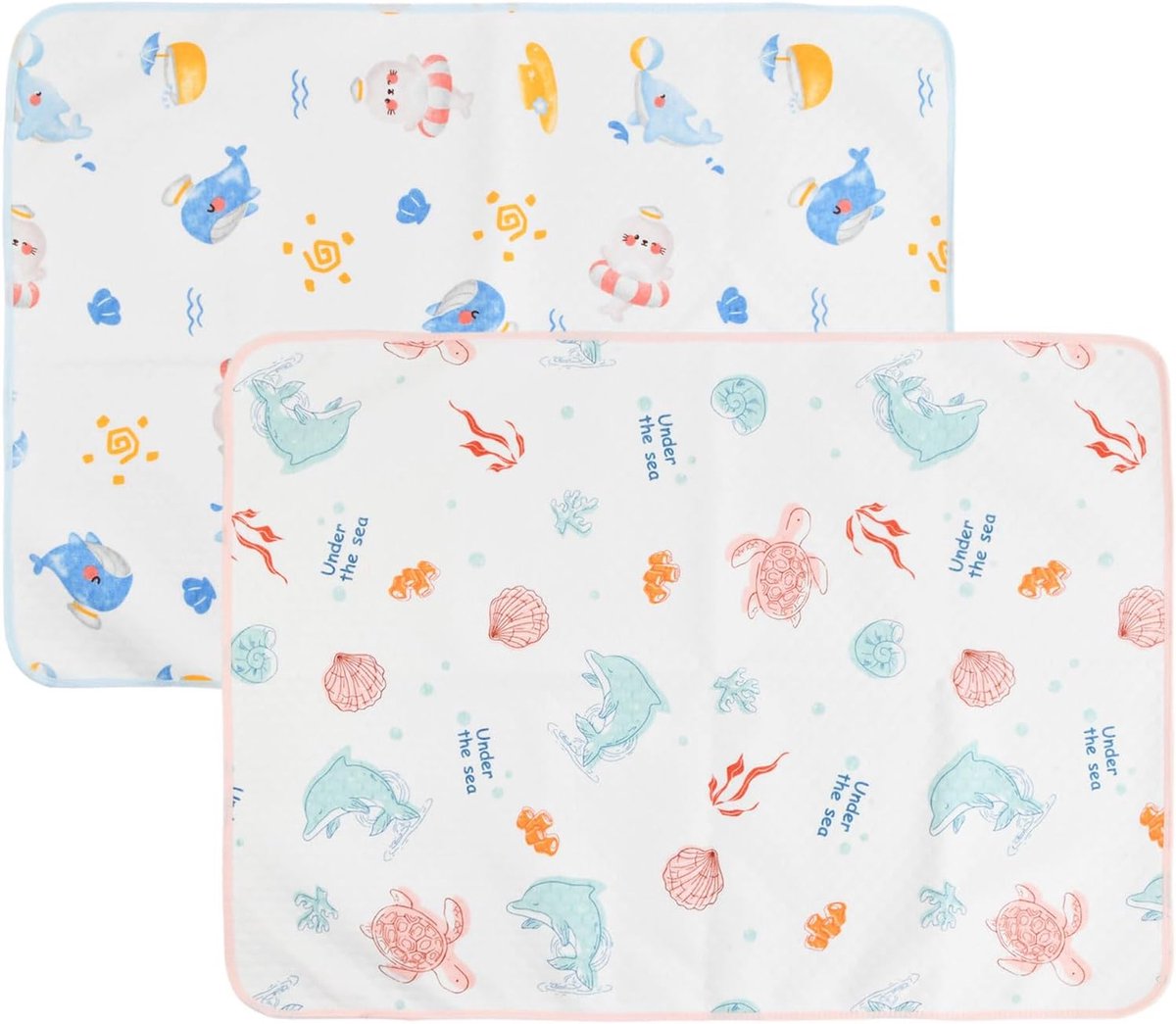 SnelShoppen - 2 Portable Newborn Changing Pads, 50x70 cm, Waterproof Cotton Mat, Dolphin Motif, Pink Blue, Ideaal voor Thuis en Op Reis