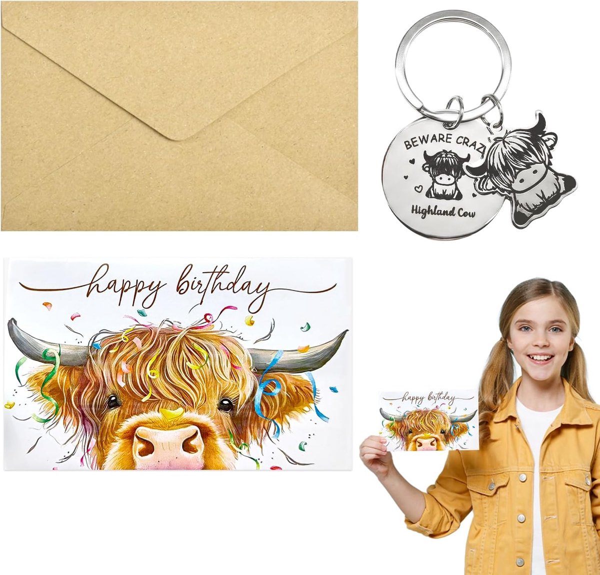 SnelShoppen - Highland Cow Verjaardagskaart met Sleutelhanger - Grappige Felicitatiekaart Inclusief Envelop - Cadeau voor Vrouwen, Mannen en Kinderen