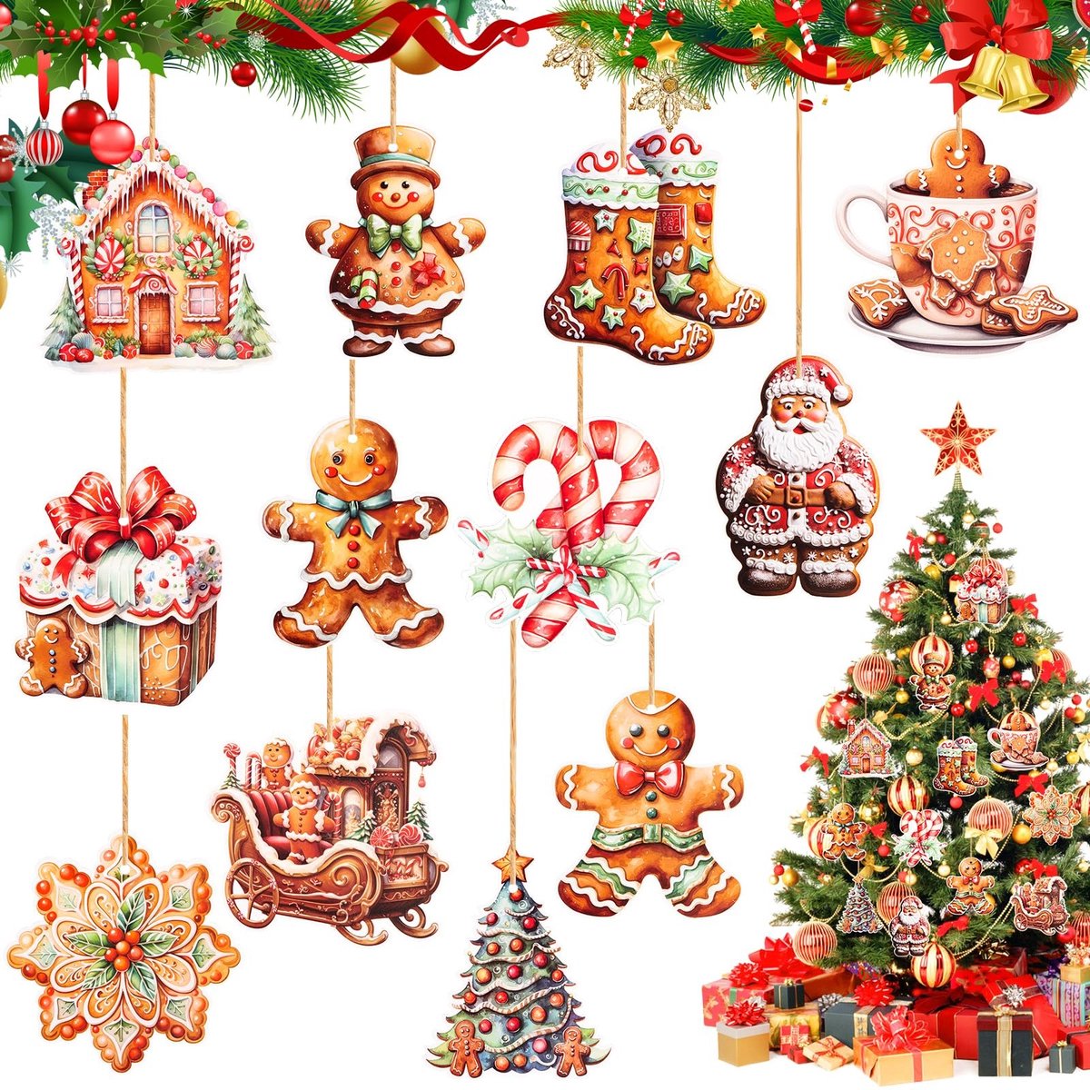 Kerstboomdecoratie met 24 stuks, Gembermannetjes, Kerstversiering, Hanger en Ambachtelijke Decoraties