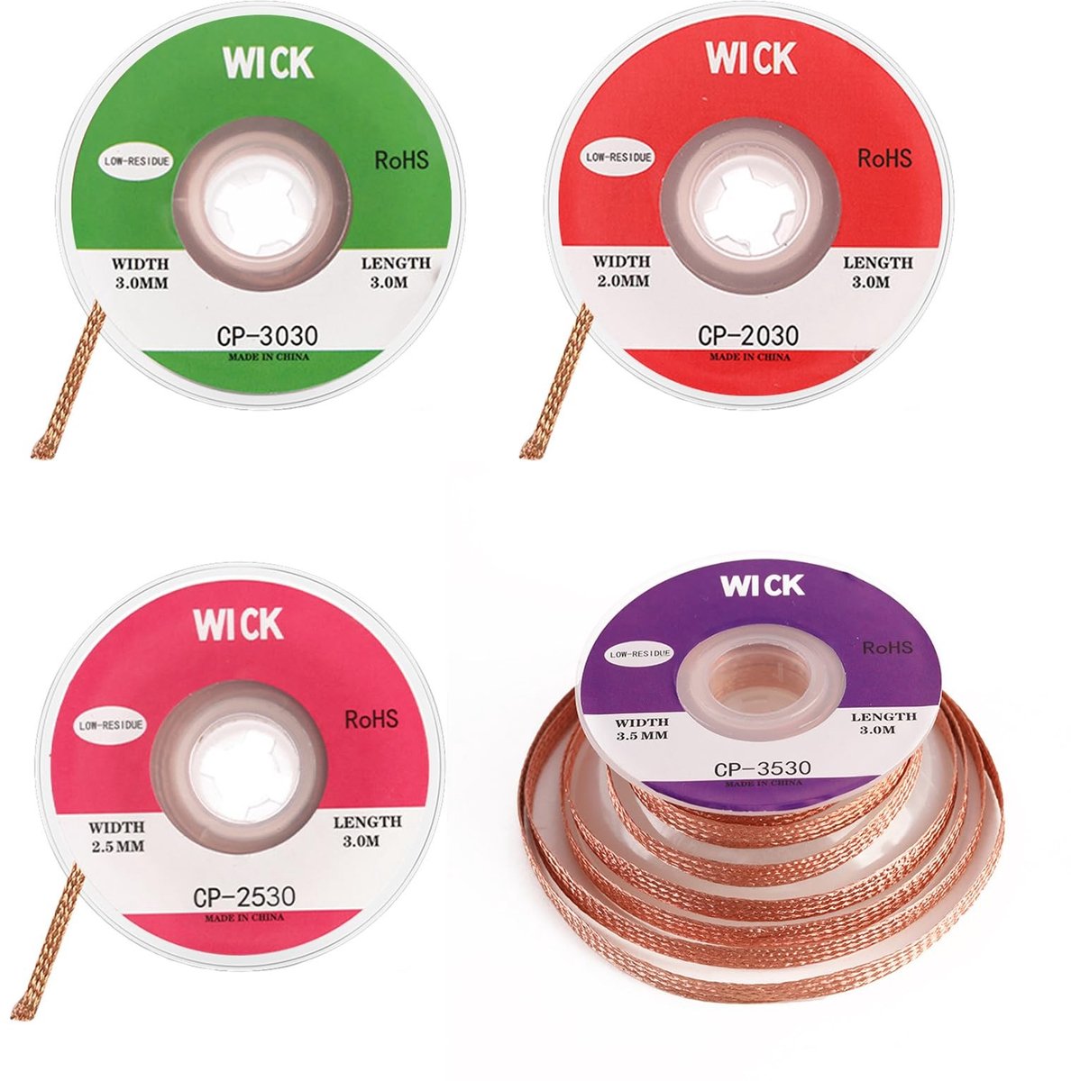 Soldering litze set - 4 pieces desoldering litze - copper desoldering wire - No-Clean desoldering litze - 2mm 2.5mm 3mm 3.5mm - removing solder tin - disassembly of electrical components