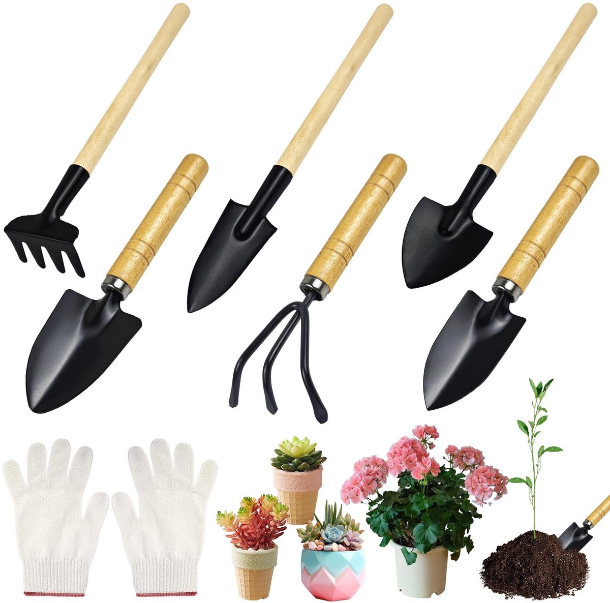 Tuingereedschap Set 6-delig Mini - Tuinschep, Hark & Spade met Houten Handvat - Voor Bonsai en Bloempotten - Thijox