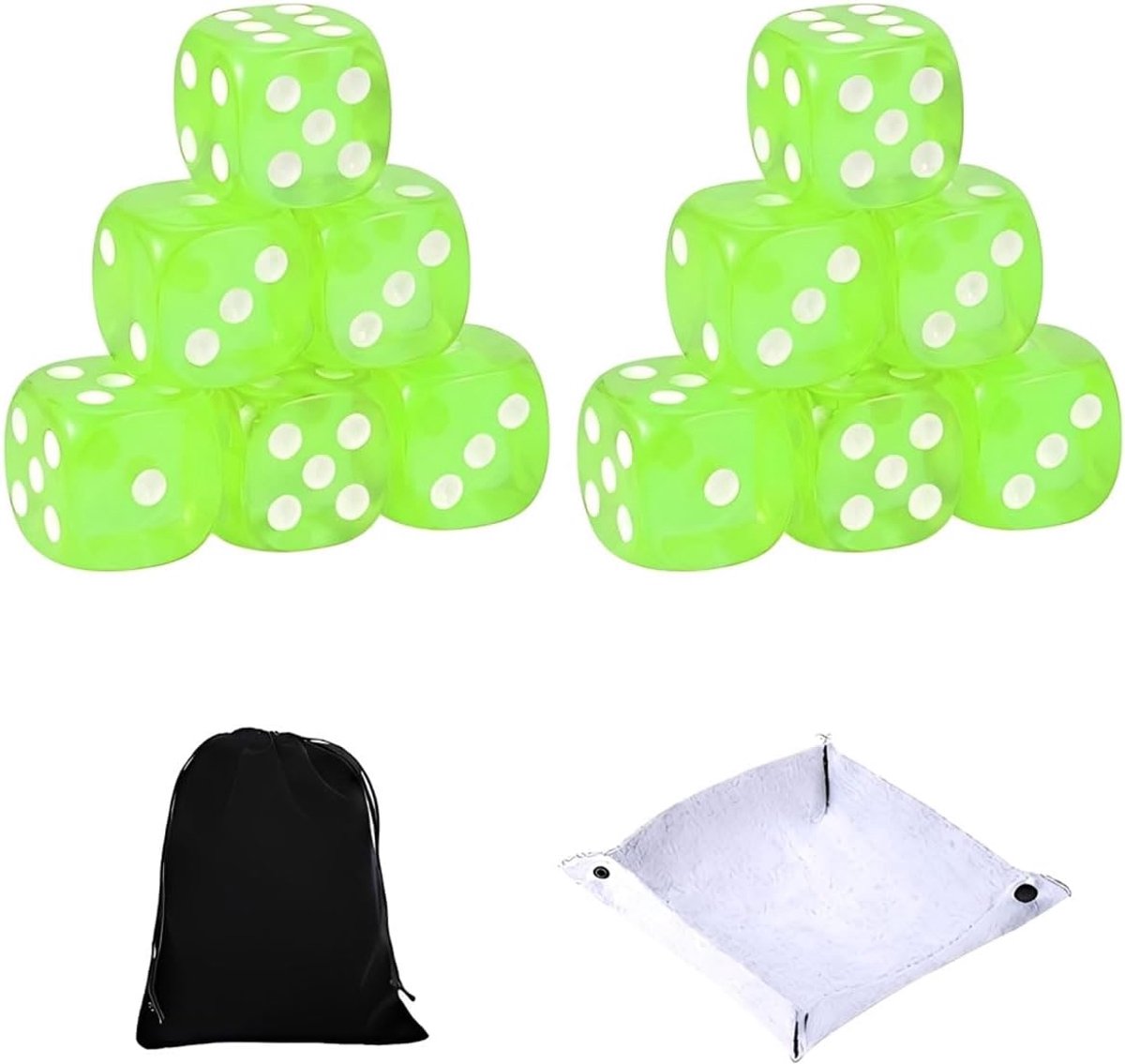 Set van 10 dobbelstenen - transparant neongroen - met vilten dienblad - ideaal voor DND en wiskunde - ShopVlot
